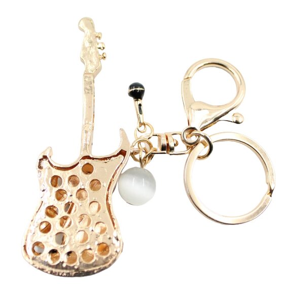 Large Guitar Gold-tone Lobster Clasp Keyring Keychain Bag Accessory - Picture 2 of 2